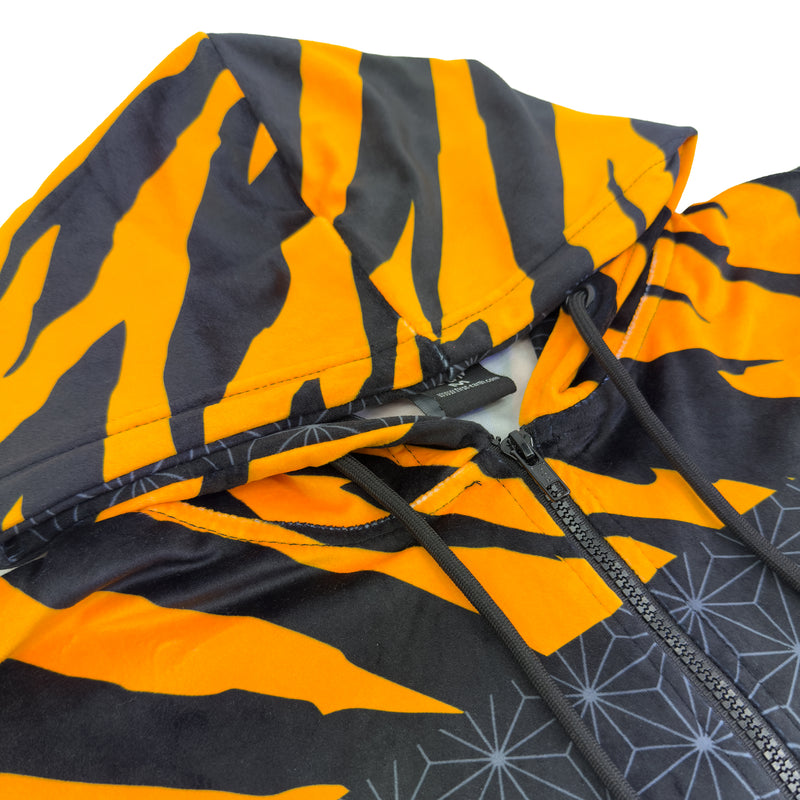 First Earth Sacred Stripes velvet hoodie close up showing hood, zipper, drawstrings, and soft fabric