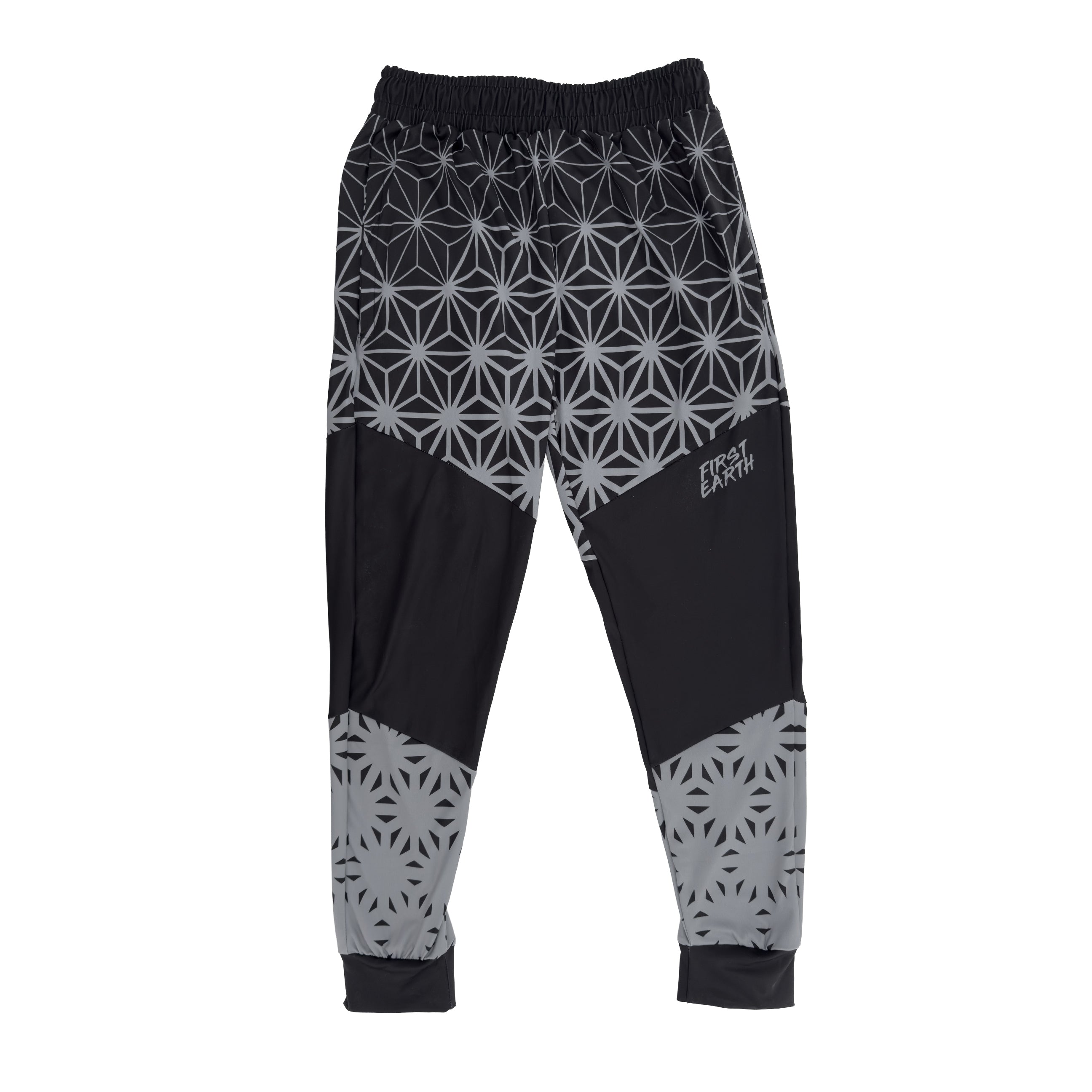 Asanoha Grey UV rave joggers with sacred Japanese geometry that glows under blacklight at festivals