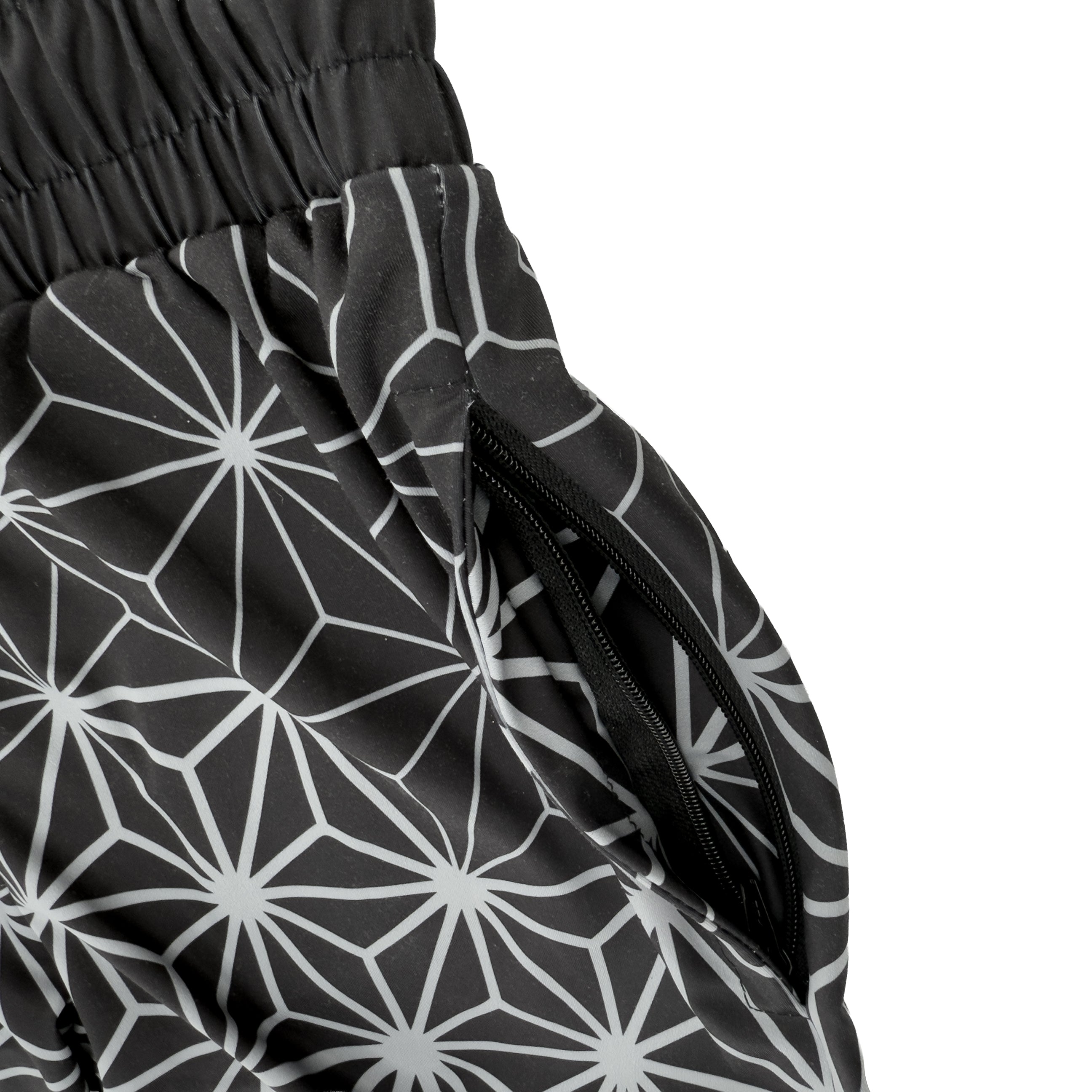 Asanoha Grey UV rave joggers with sacred Japanese geometry that glows under blacklight at festivals