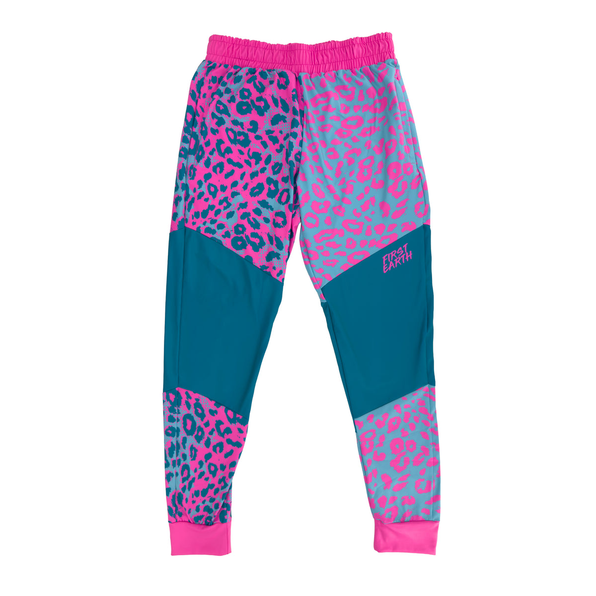 Neon Cheetah UV joggers under blacklight