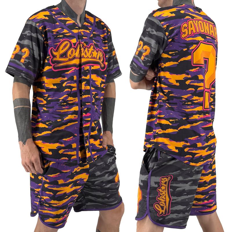 LOBSTARS / SAYONARA baseball jersey by First Earth – purple and orange camo rave jersey with bold crustacean design inspired by Tipper shows
