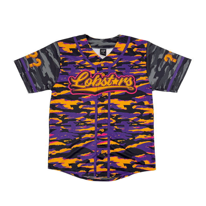 LOBSTARS / SAYONARA baseball jersey by First Earth – purple and orange camo rave jersey with bold crustacean design inspired by Tipper shows