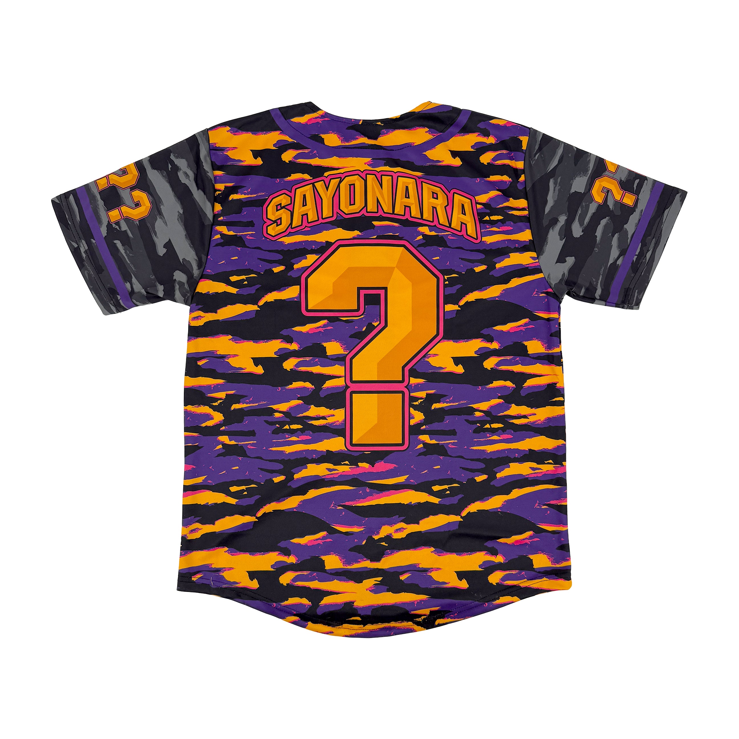 LOBSTARS / SAYONARA baseball jersey by First Earth – purple and orange camo rave jersey with bold crustacean design inspired by Tipper shows