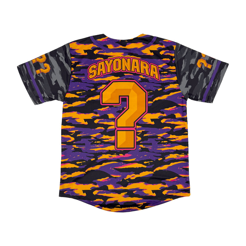 LOBSTARS / SAYONARA baseball jersey by First Earth – purple and orange camo rave jersey with bold crustacean design inspired by Tipper shows