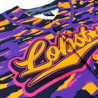 LOBSTARS / SAYONARA baseball jersey by First Earth – purple and orange camo rave jersey with bold crustacean design inspired by Tipper shows
