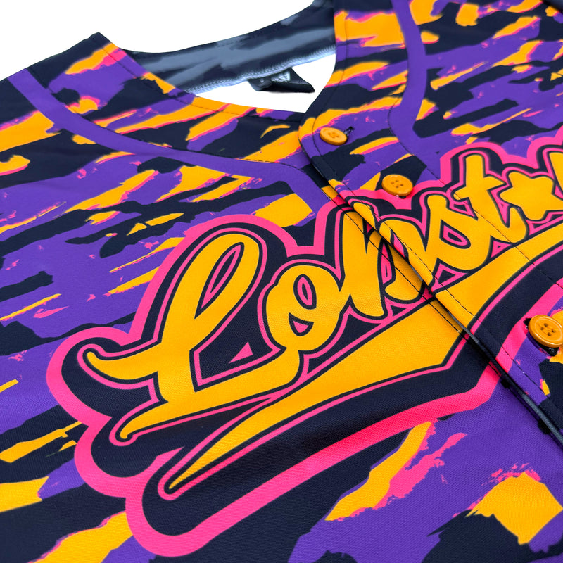 LOBSTARS / SAYONARA baseball jersey by First Earth – purple and orange camo rave jersey with bold crustacean design inspired by Tipper shows