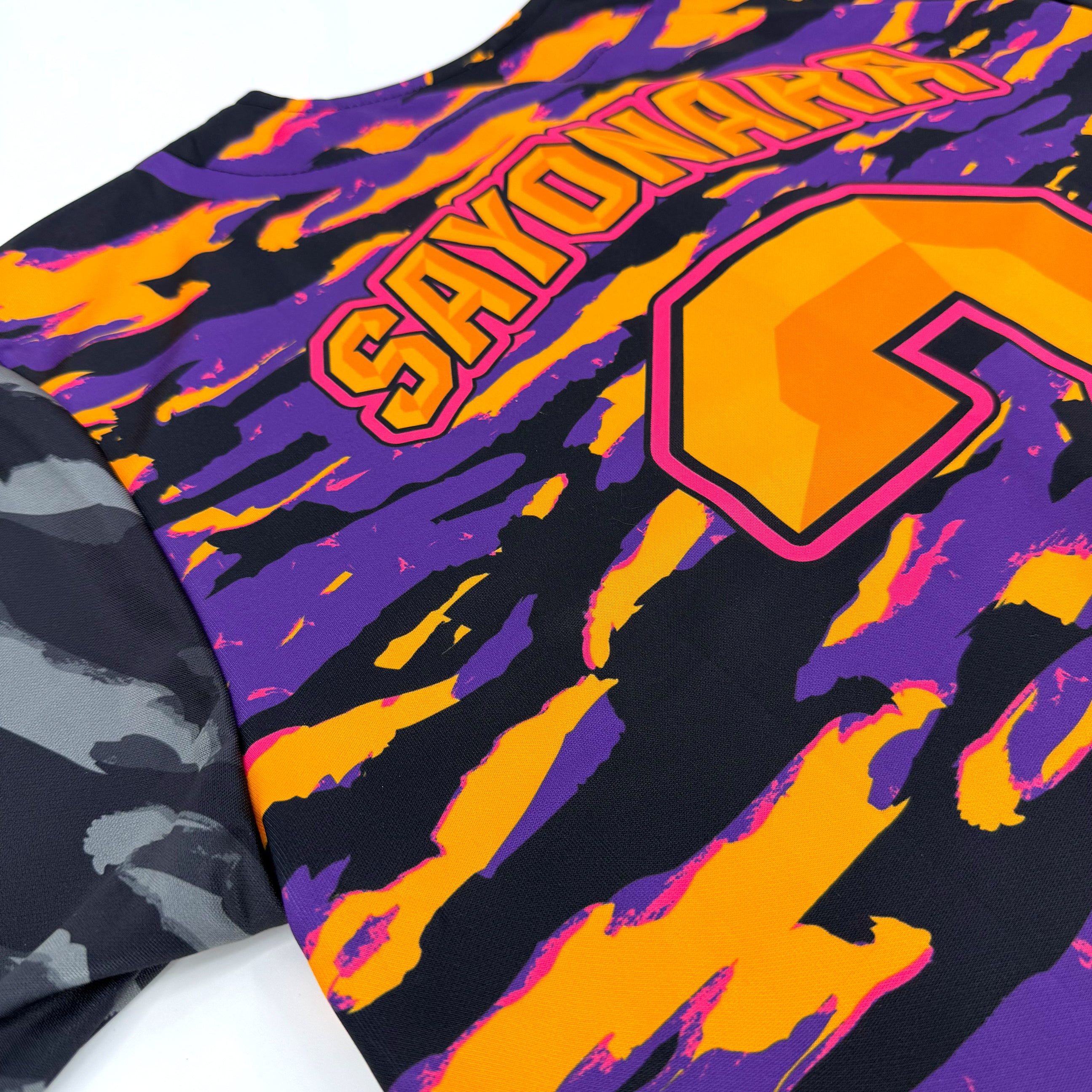 LOBSTARS / SAYONARA baseball jersey by First Earth – purple and orange camo rave jersey with bold crustacean design inspired by Tipper shows