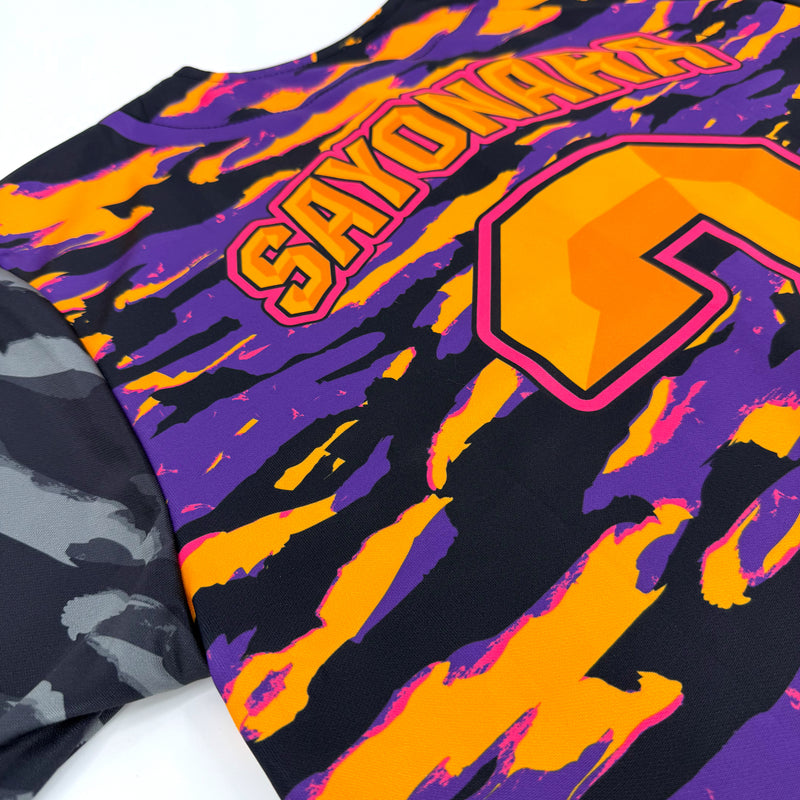 LOBSTARS / SAYONARA baseball jersey by First Earth – purple and orange camo rave jersey with bold crustacean design inspired by Tipper shows