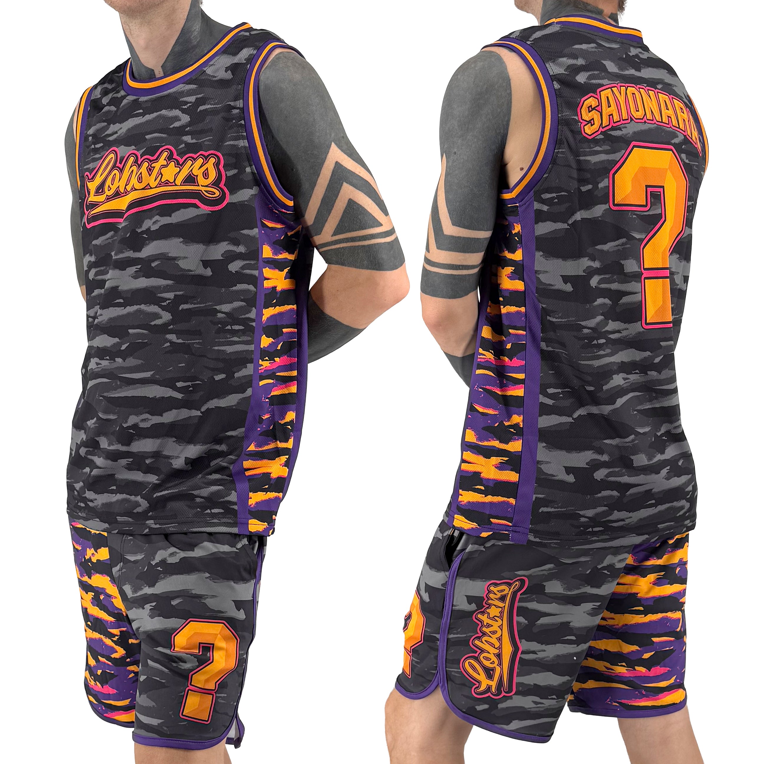 LOBSTARS / SAYONARA basketball jersey by First Earth – lightweight mesh rave jersey with purple and orange camo crustacean design inspired by Tipper shows