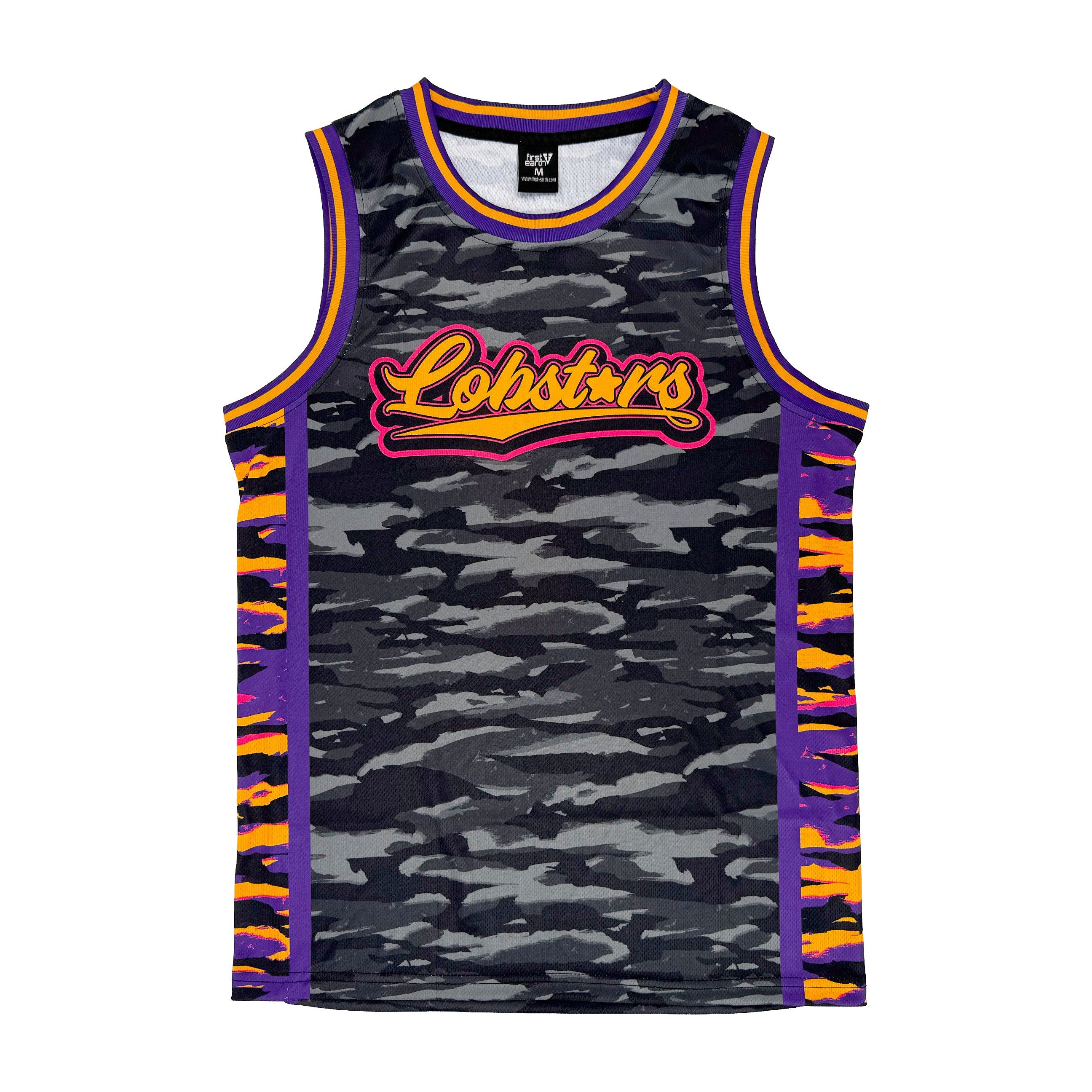 LOBSTARS / SAYONARA basketball jersey by First Earth – lightweight mesh rave jersey with purple and orange camo crustacean design inspired by Tipper shows