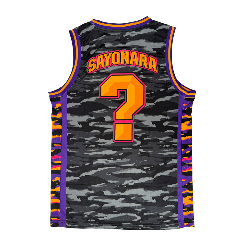 LOBSTARS / SAYONARA basketball jersey by First Earth – lightweight mesh rave jersey with purple and orange camo crustacean design inspired by Tipper shows