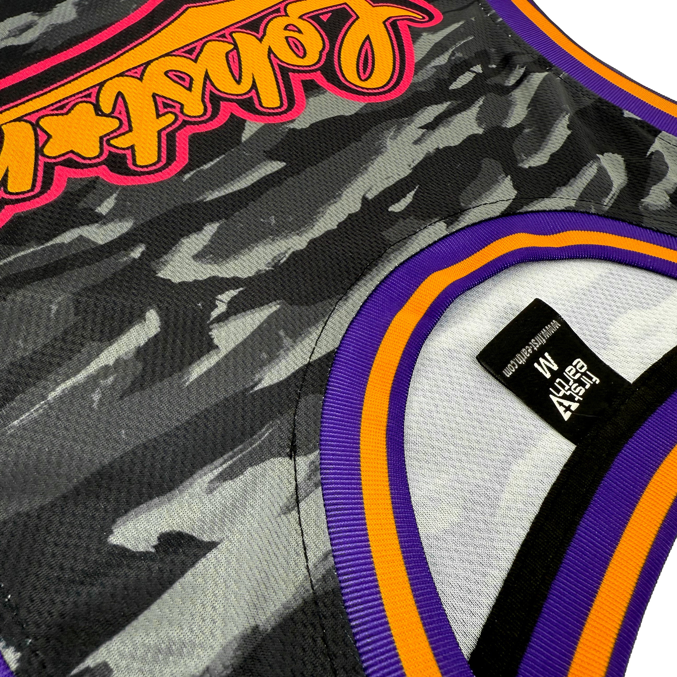 LOBSTARS / SAYONARA basketball jersey by First Earth – lightweight mesh rave jersey with purple and orange camo crustacean design inspired by Tipper shows