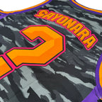 LOBSTARS / SAYONARA basketball jersey by First Earth – lightweight mesh rave jersey with purple and orange camo crustacean design inspired by Tipper shows