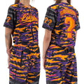 LOBSTARS / SAYONARA crop baseball jersey by First Earth – purple and orange camo rave jersey with bold crustacean design inspired by Tipper shows