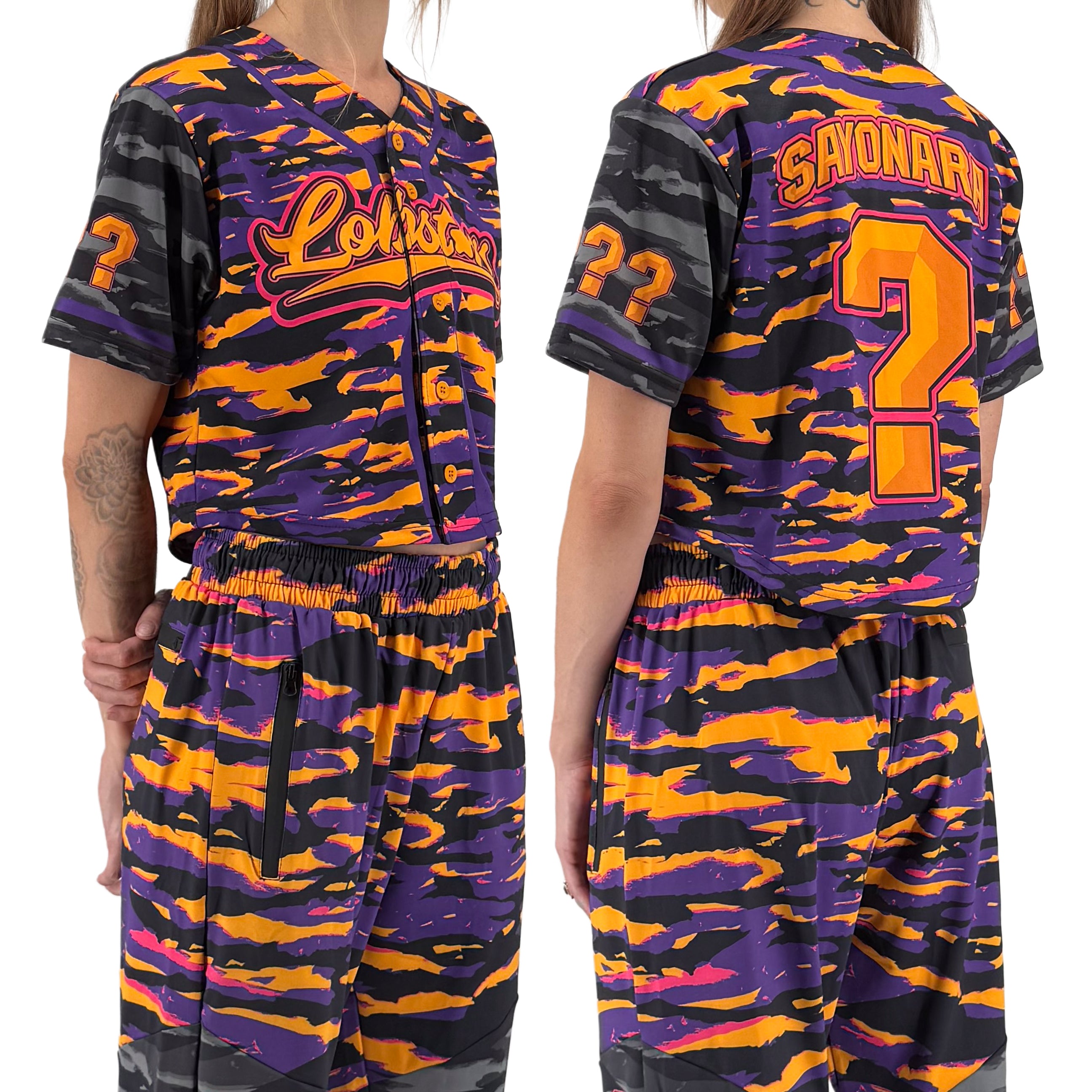 LOBSTARS / SAYONARA crop baseball jersey by First Earth – purple and orange camo rave jersey with bold crustacean design inspired by Tipper shows