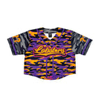 LOBSTARS / SAYONARA crop baseball jersey by First Earth – purple and orange camo rave jersey with bold crustacean design inspired by Tipper shows
