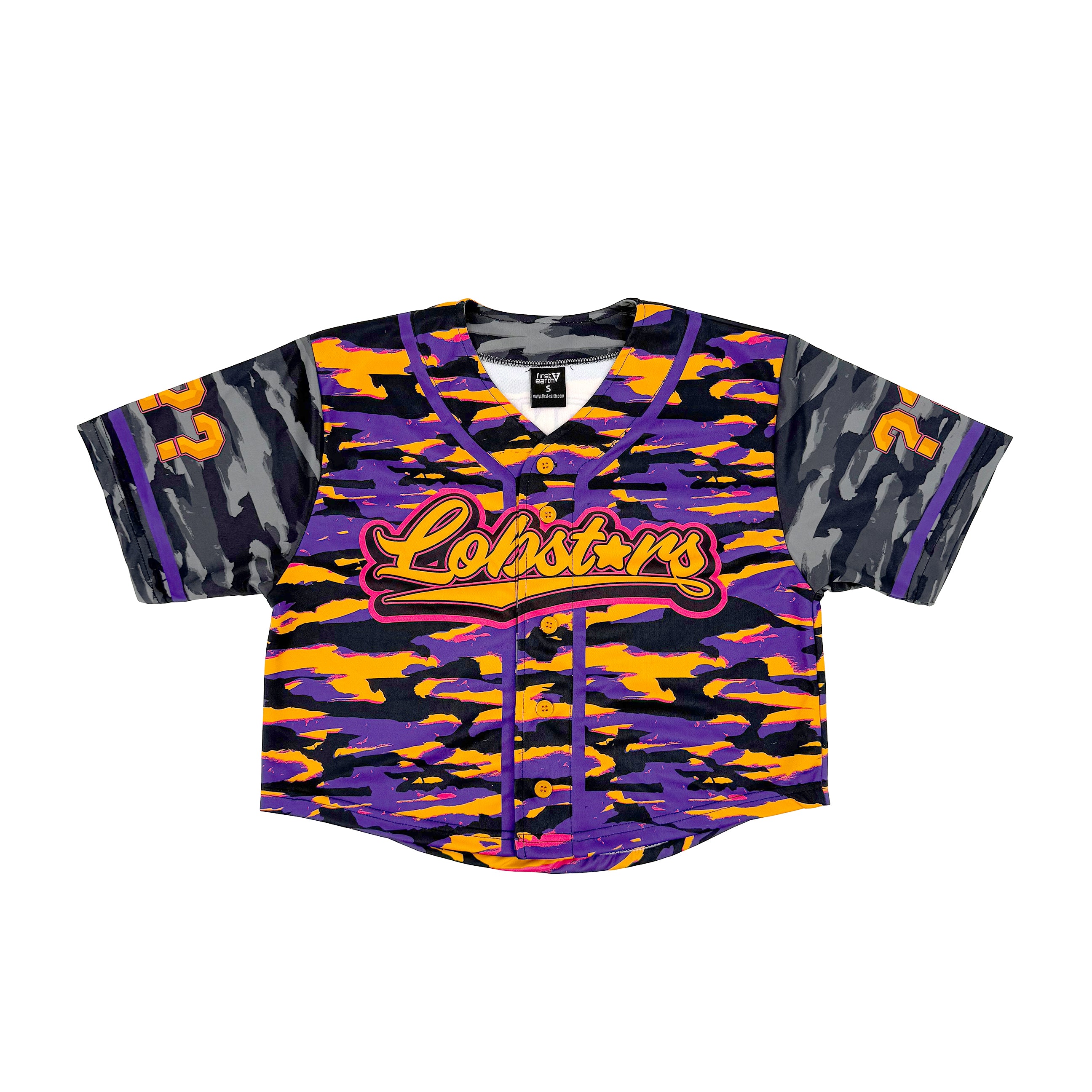 LOBSTARS / SAYONARA crop baseball jersey by First Earth – purple and orange camo rave jersey with bold crustacean design inspired by Tipper shows