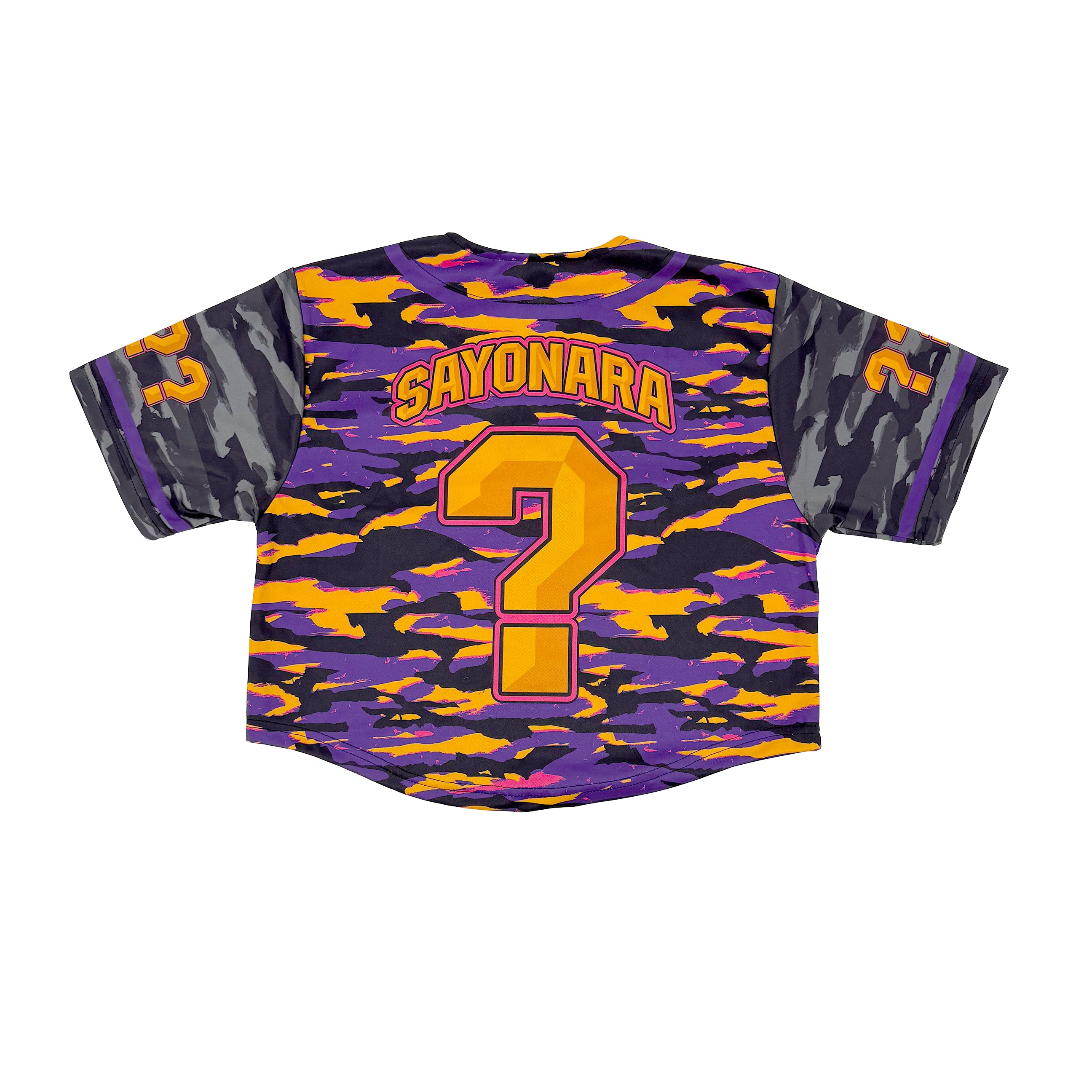 LOBSTARS / SAYONARA crop baseball jersey by First Earth – purple and orange camo rave jersey with bold crustacean design inspired by Tipper shows