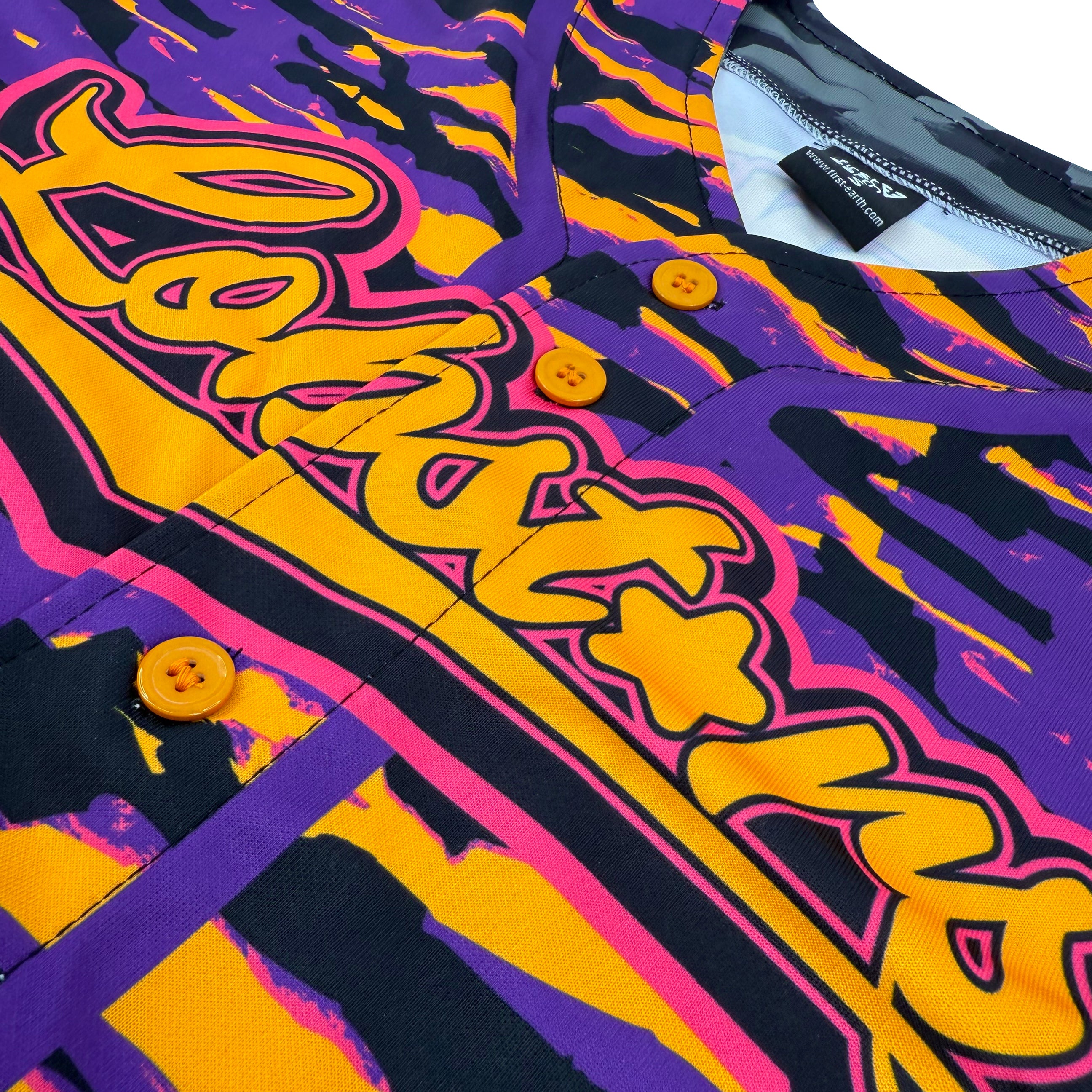 LOBSTARS / SAYONARA crop baseball jersey by First Earth – purple and orange camo rave jersey with bold crustacean design inspired by Tipper shows