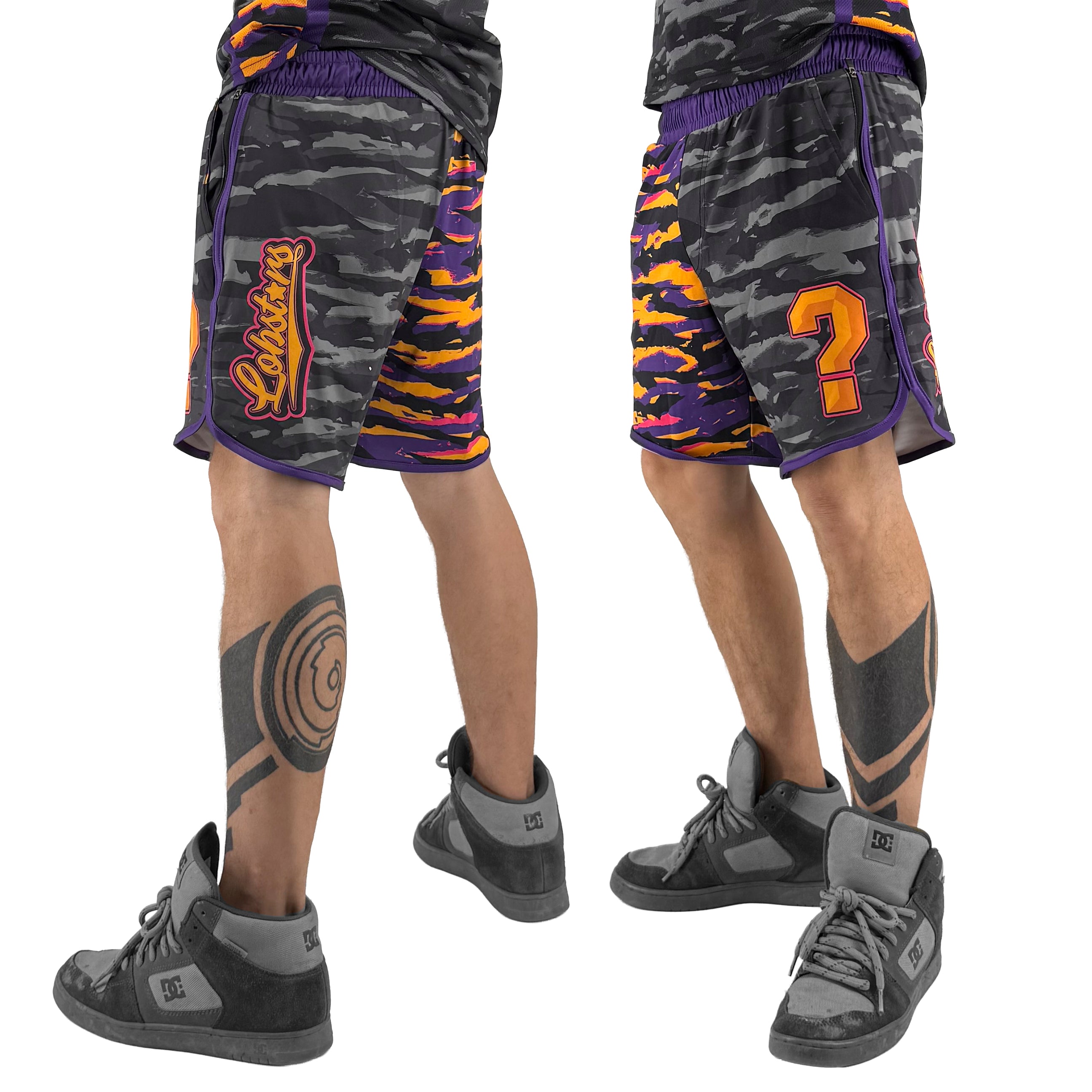LOBSTARS / SAYONARA shorts by First Earth – rave-ready shorts inspired by Tipper shows, with bold crustacean sublimation print, lightweight breathable fabric, and secure pockets