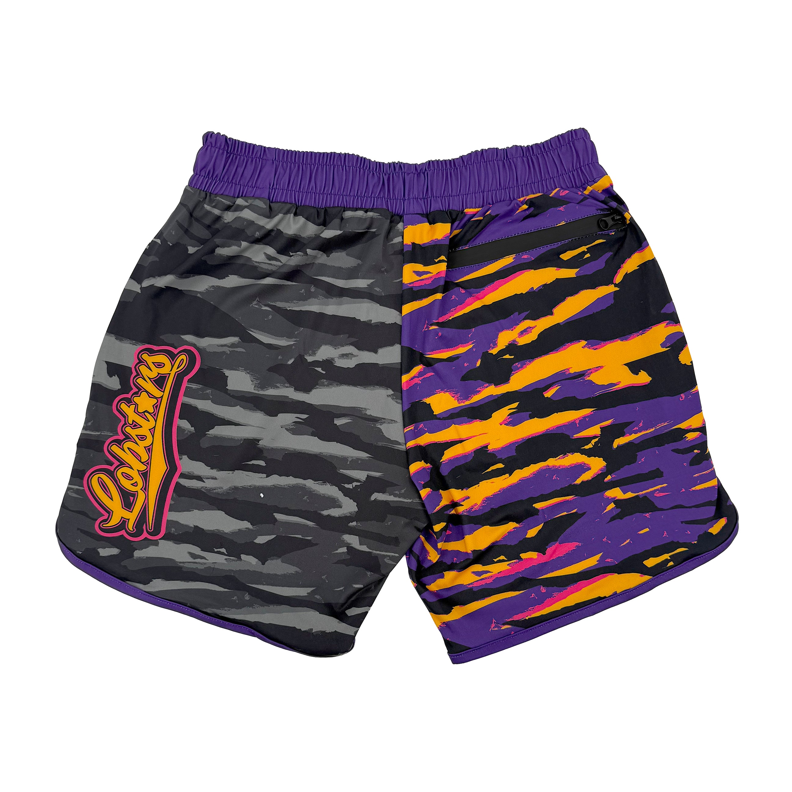 LOBSTARS / SAYONARA shorts by First Earth – rave-ready shorts inspired by Tipper shows, with bold crustacean sublimation print, lightweight breathable fabric, and secure pockets