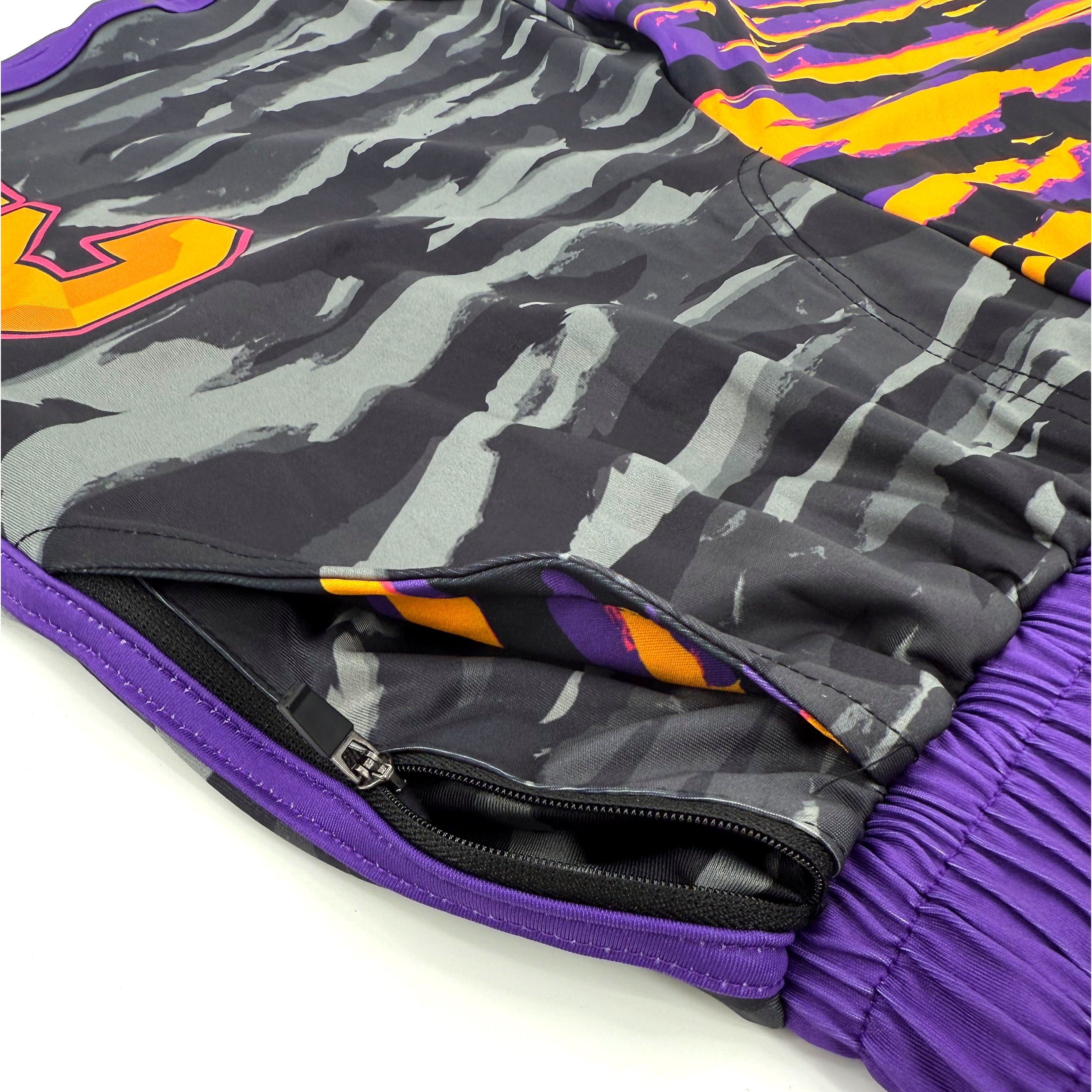 LOBSTARS / SAYONARA shorts by First Earth – rave-ready shorts inspired by Tipper shows, with bold crustacean sublimation print, lightweight breathable fabric, and secure pockets