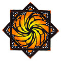 First Earth flow star front with spiraled orange yellow butterfly wing artwork and black patterned trim
