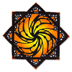 First Earth flow star front with spiraled orange yellow butterfly wing artwork and black patterned trim