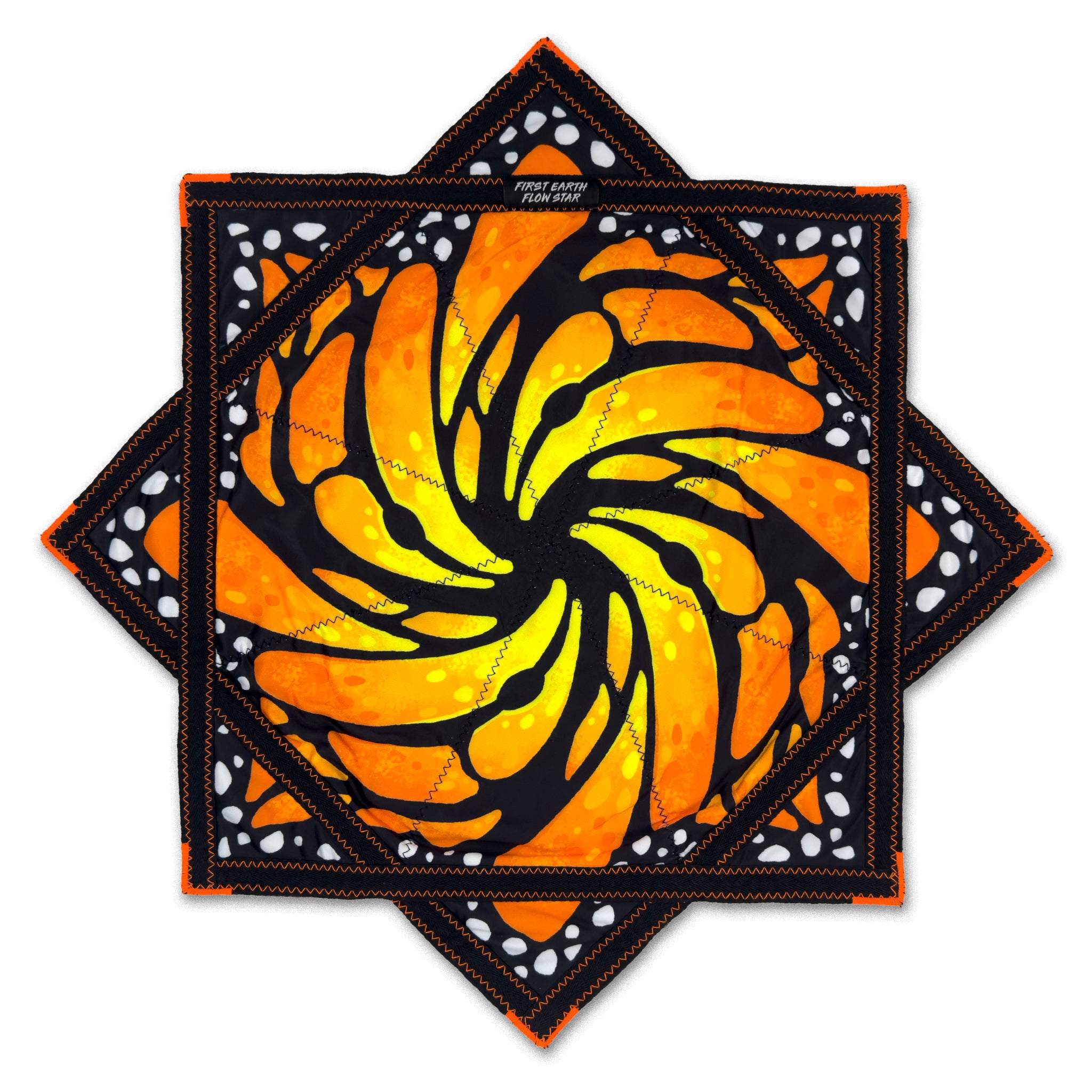 First Earth flow star front with spiraled orange yellow butterfly wing artwork and black patterned trim