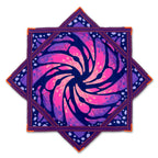 First Earth flow star back with pink purple spiral artwork and orange stitched edges