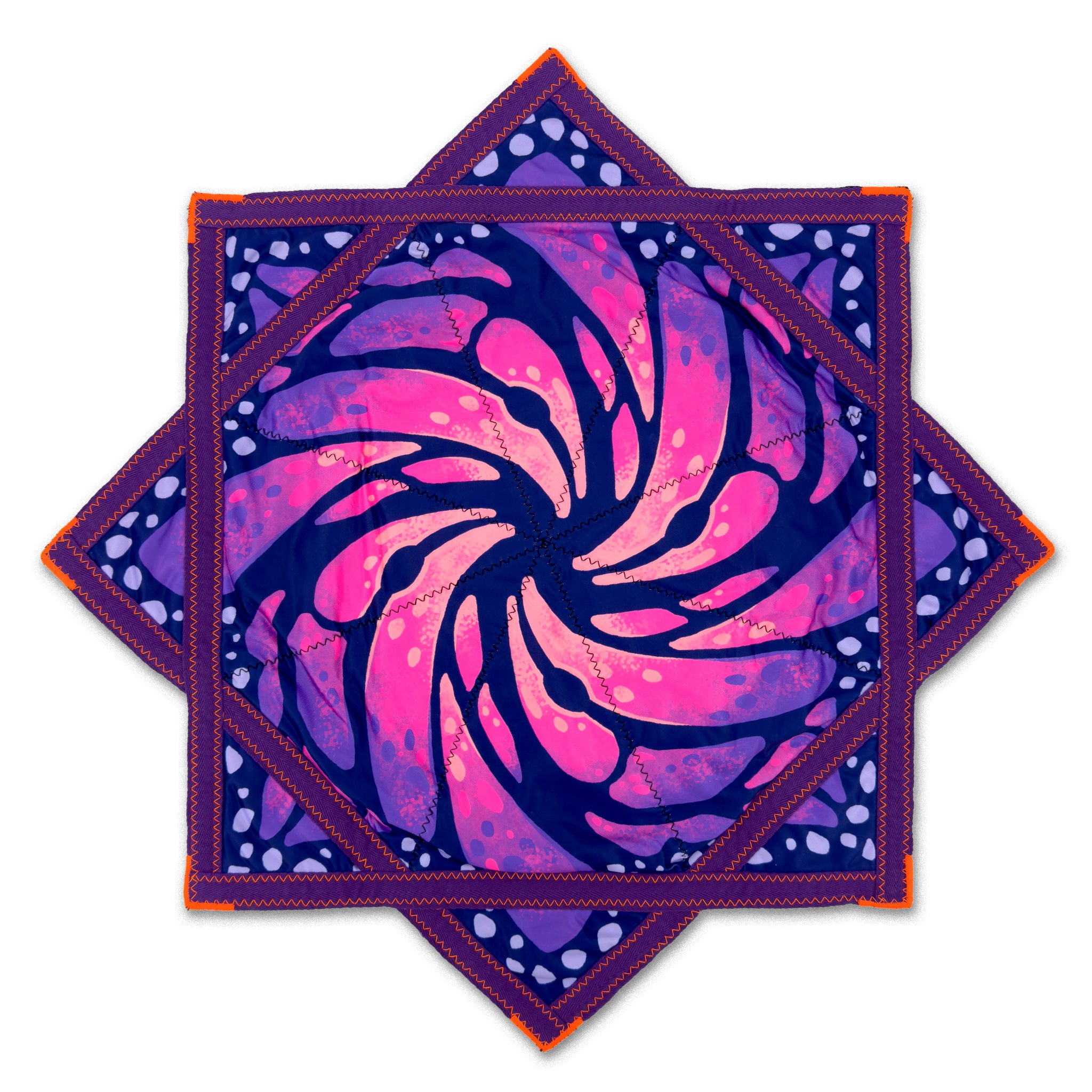 First Earth flow star back with pink purple spiral artwork and orange stitched edges