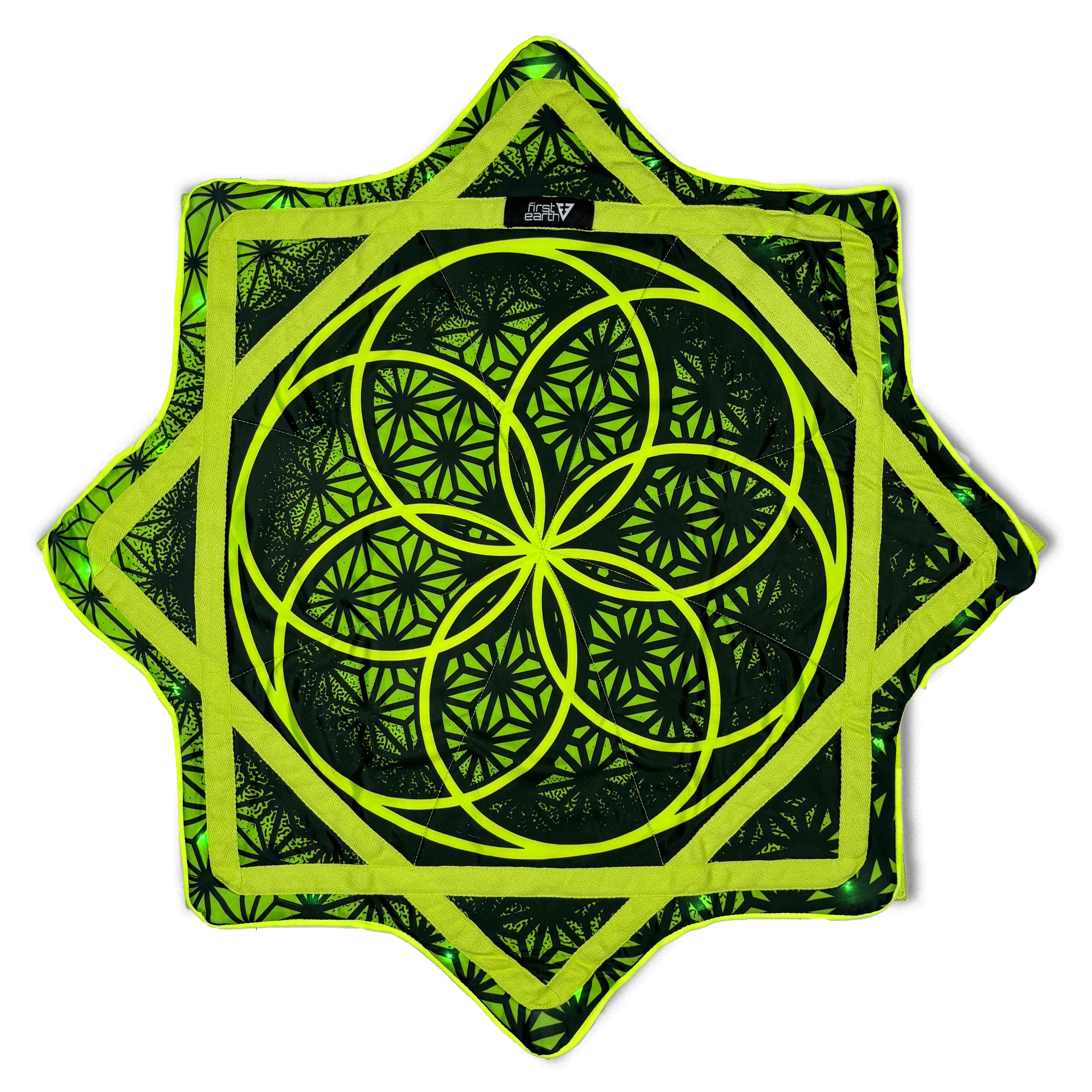 Flower of Life – UV green LED spinning flow star by First Earth, luminous rave prop with sacred geometry 