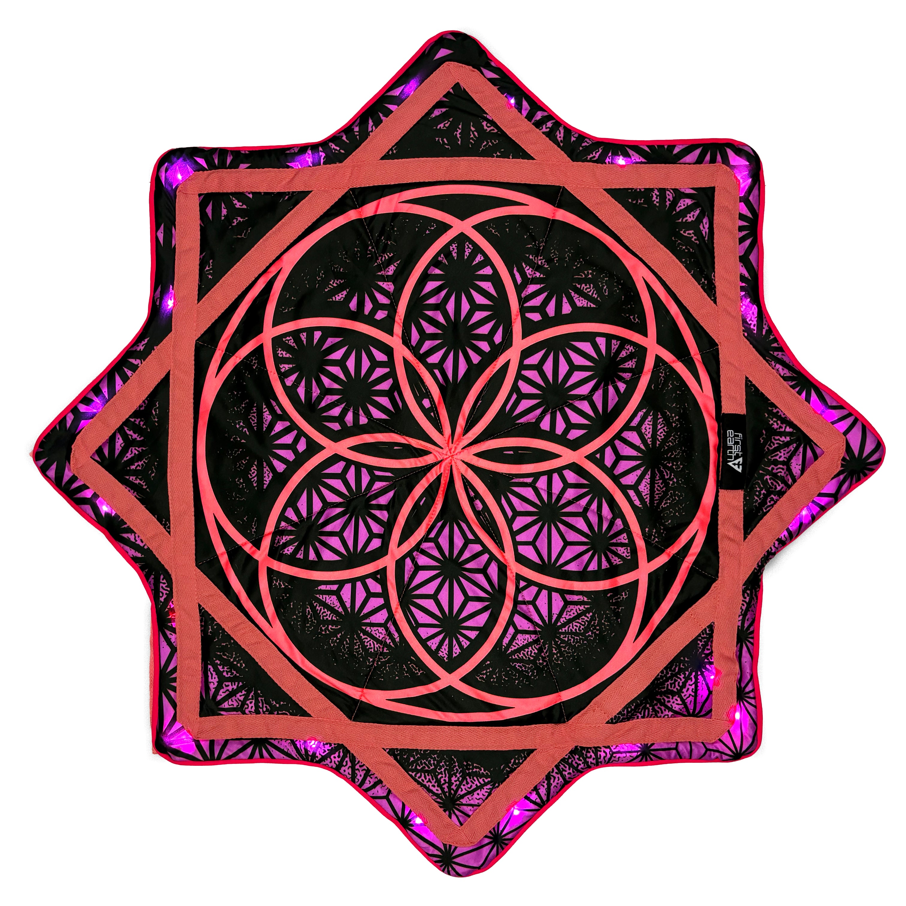 Flower of Life – UV pink LED spinning flow star by First Earth, luminous rave prop with sacred geometry 