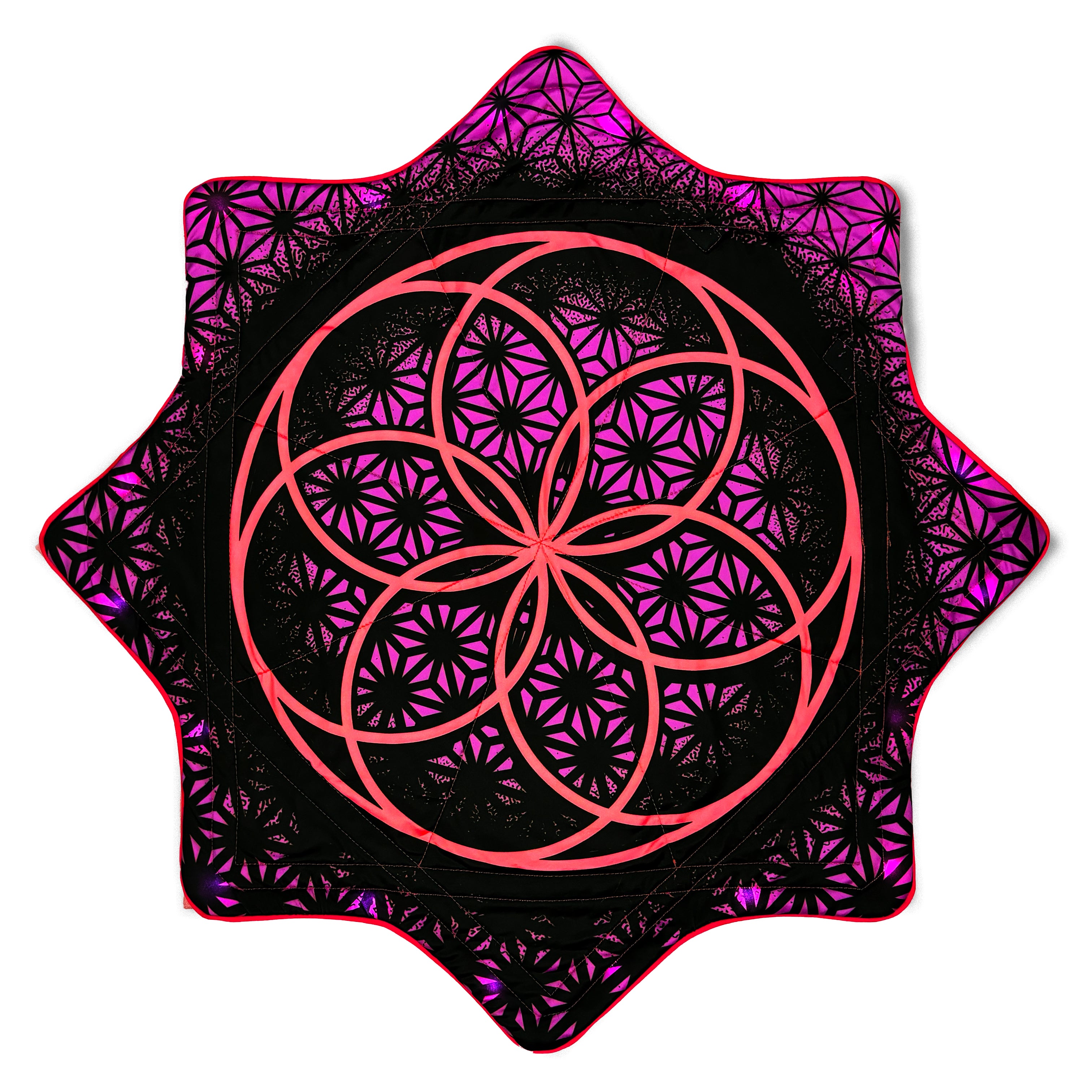 Flower of Life – UV pink LED spinning flow star by First Earth, luminous rave prop with sacred geometry 