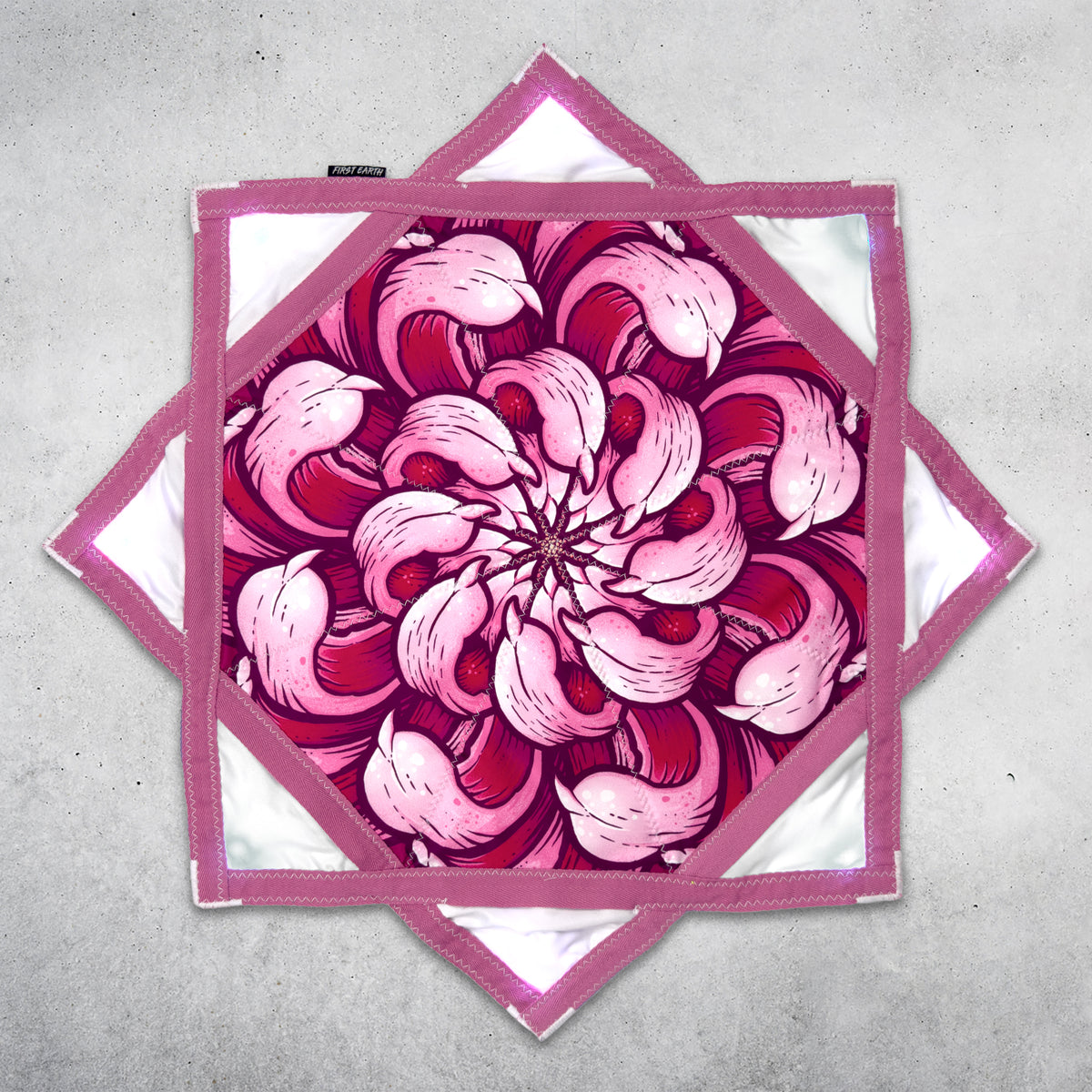 Chrysanthemum - LED Flow Star, daylight view showing the full printed fabric design and eight removable LED modules