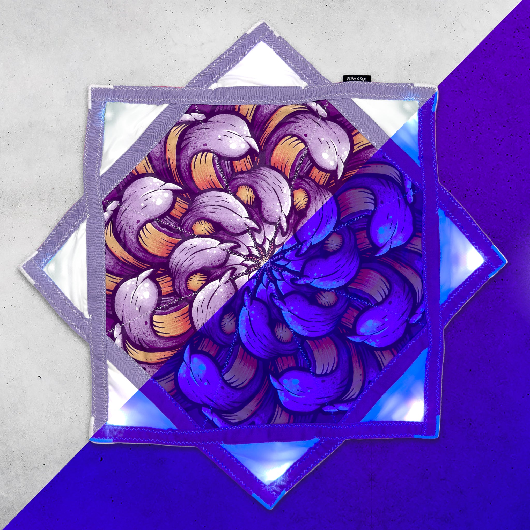 Chrysanthemum - LED Flow Star by First Earth, illuminated view showing the colorful LED lighting across the printed fabric