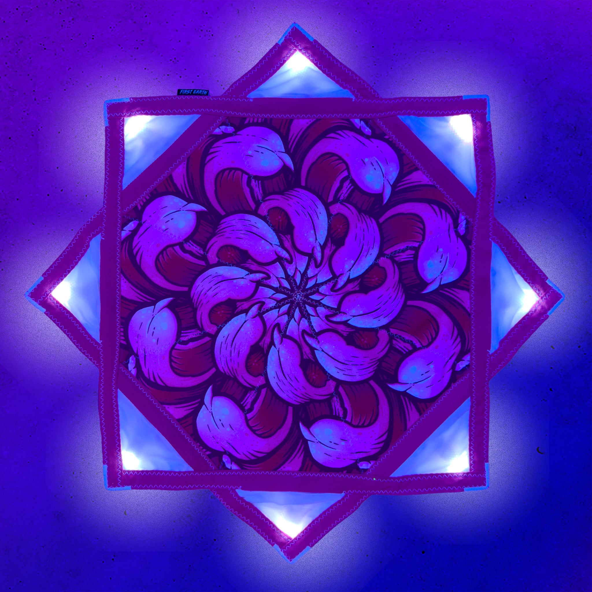Chrysanthemum - LED Flow Star by First Earth, nighttime view showing the bright LED pattern and complete Flow Star design