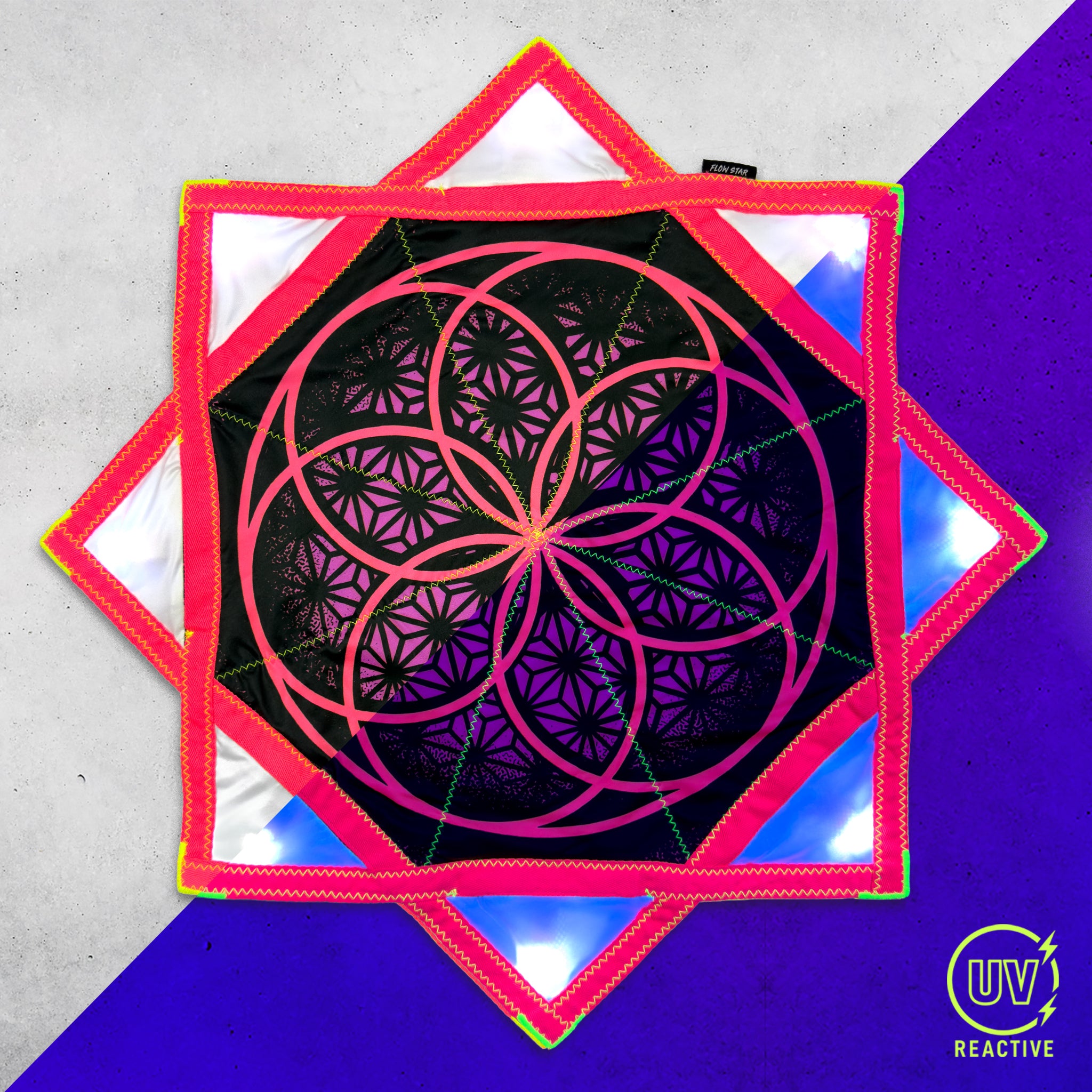 Flower of Life - LED Flow Star by First Earth, illuminated view showing the colorful LED lighting across the printed fabric