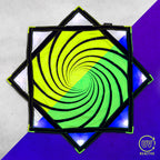 Spiral 6 - LED Flow Star by First Earth, illuminated view showing the colorful LED lighting across the printed fabric