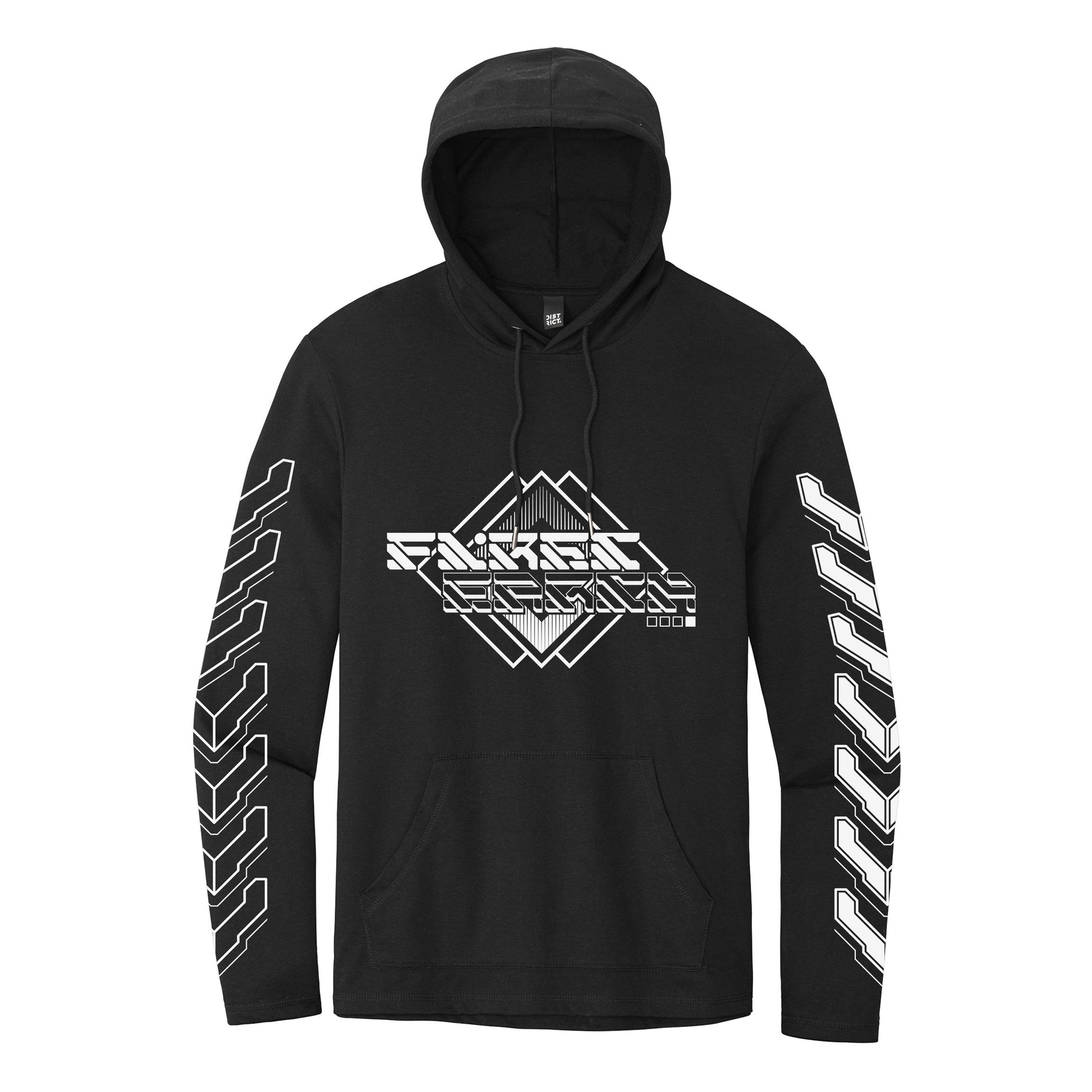 MMXXIV black hooded long sleeve tee by First Earth – festival-ready tech-style shirt in breathable tri-blend fabric with bold geometric print and cozy hood for all-night flow 