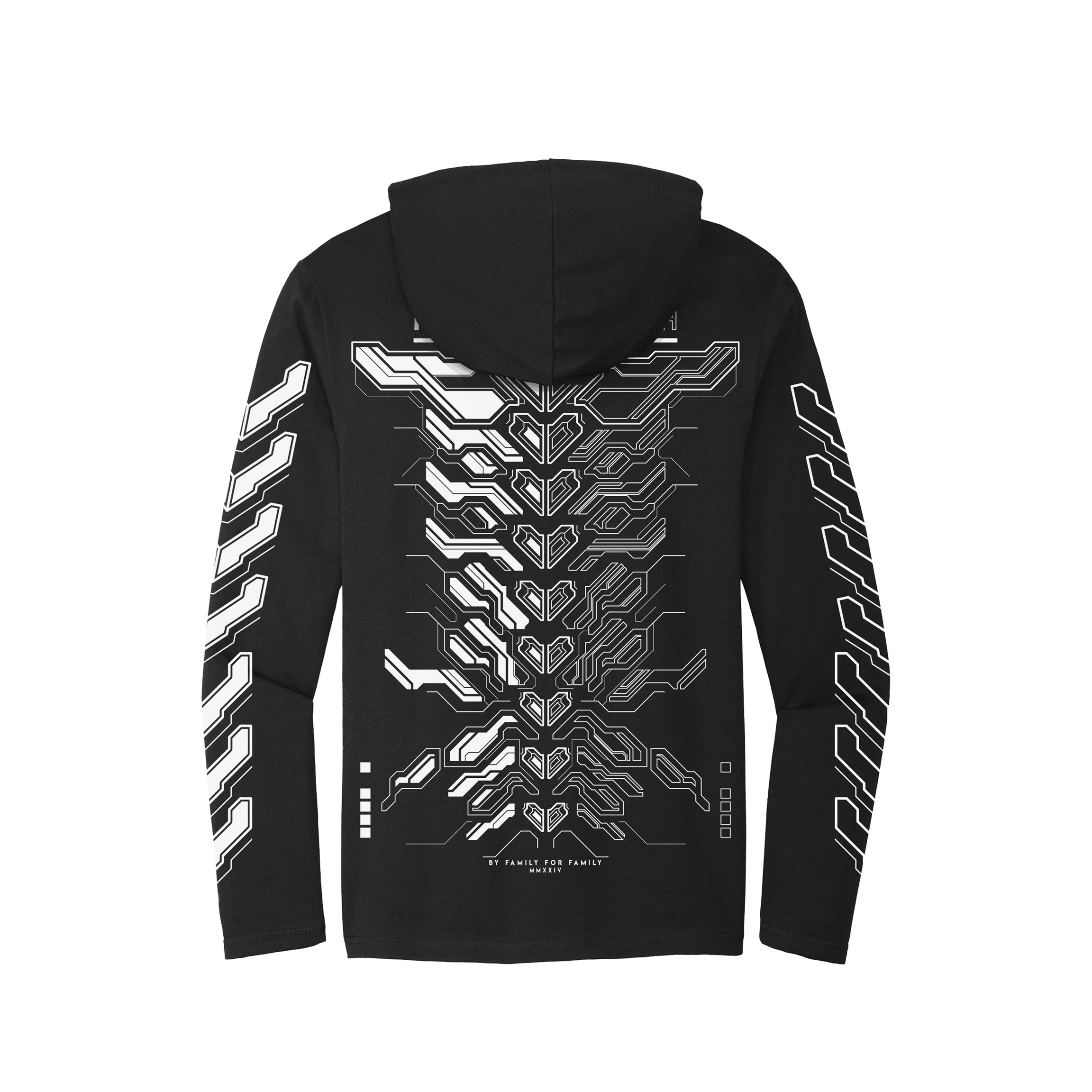 MMXXIV black hooded long sleeve tee by First Earth – festival-ready tech-style shirt in breathable tri-blend fabric with bold geometric print and cozy hood for all-night flow 