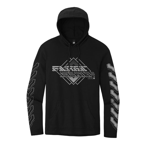First Earth MMXXIV silver hooded long-sleeve T for rave and festival wear
