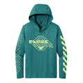 MMXXIV aqua hooded long sleeve tee by First Earth – lightweight, rave-ready top with tech-inspired print, breathable tri-blend fabric and hood for post-sunset layering 