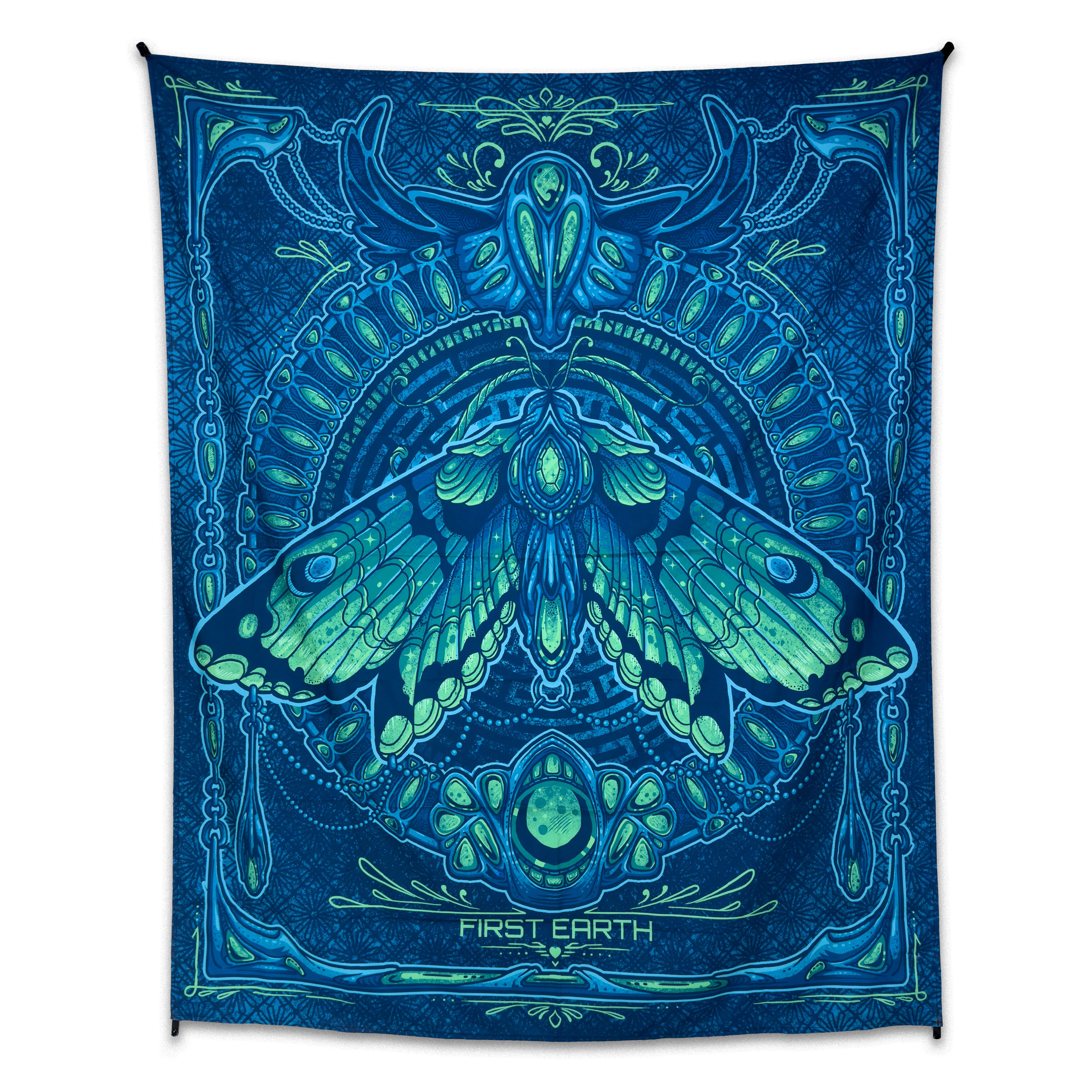 Luna Moth UV Reactive Tapestry by First Earth – luminous moth design for EDM and rave room décor