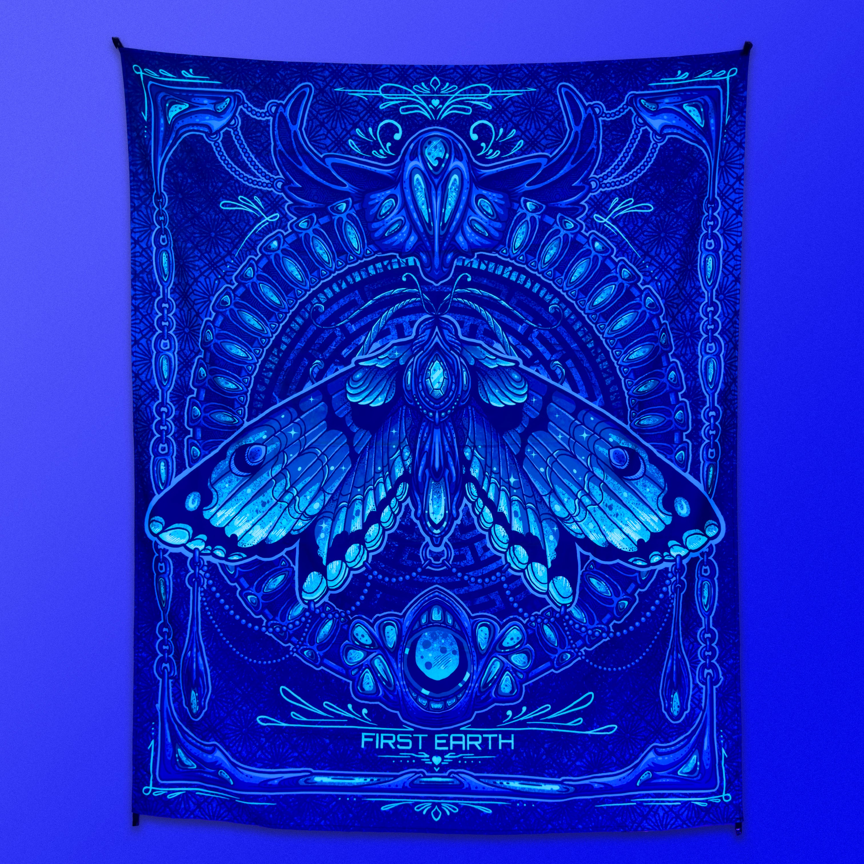Luna Moth UV Reactive Tapestry by First Earth – luminous moth design for EDM and rave room décor