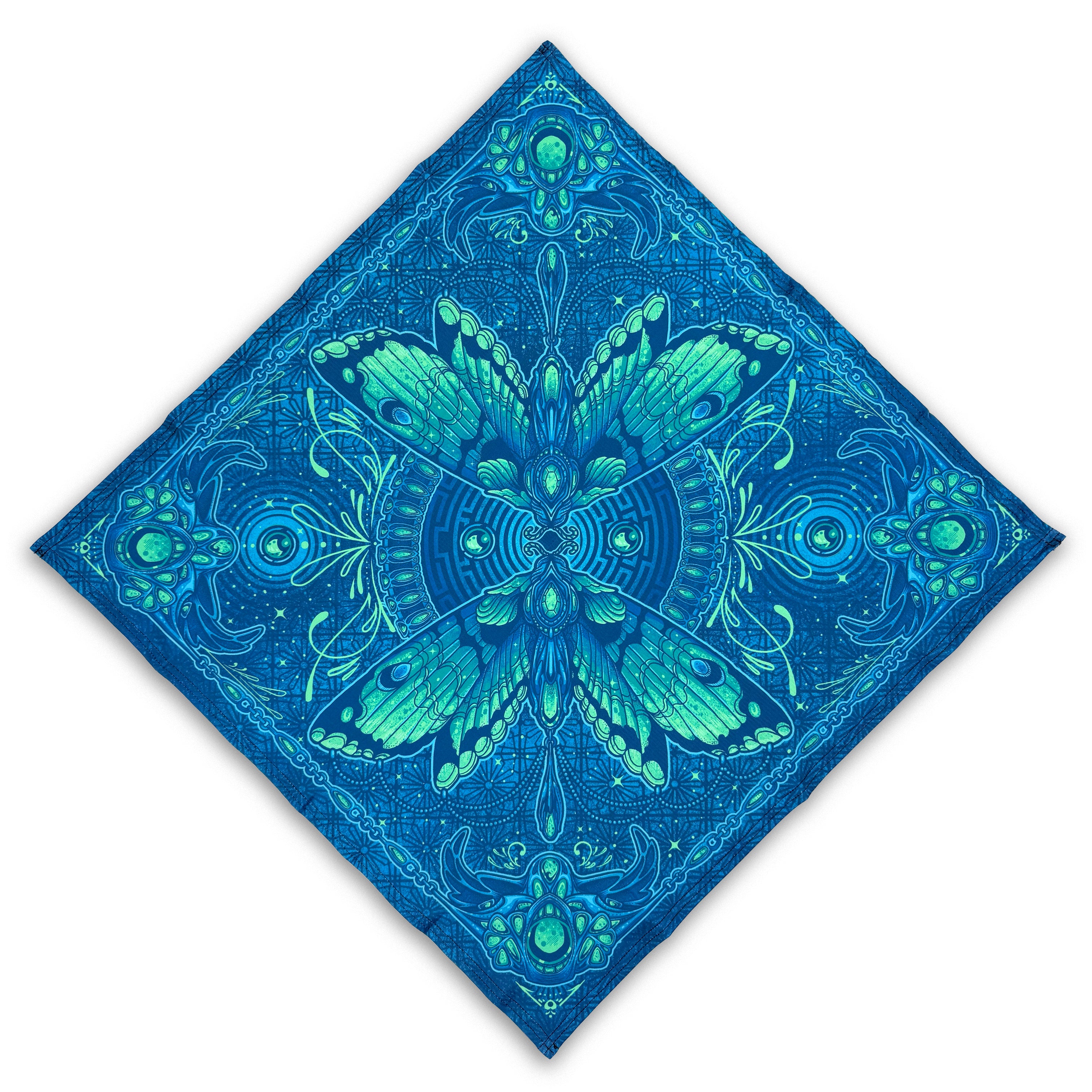 Luna Moth UV glow bandana by First Earth – lightweight rave accessory featuring glowing moth artwork, breathable and dust-ready for late-night flow 