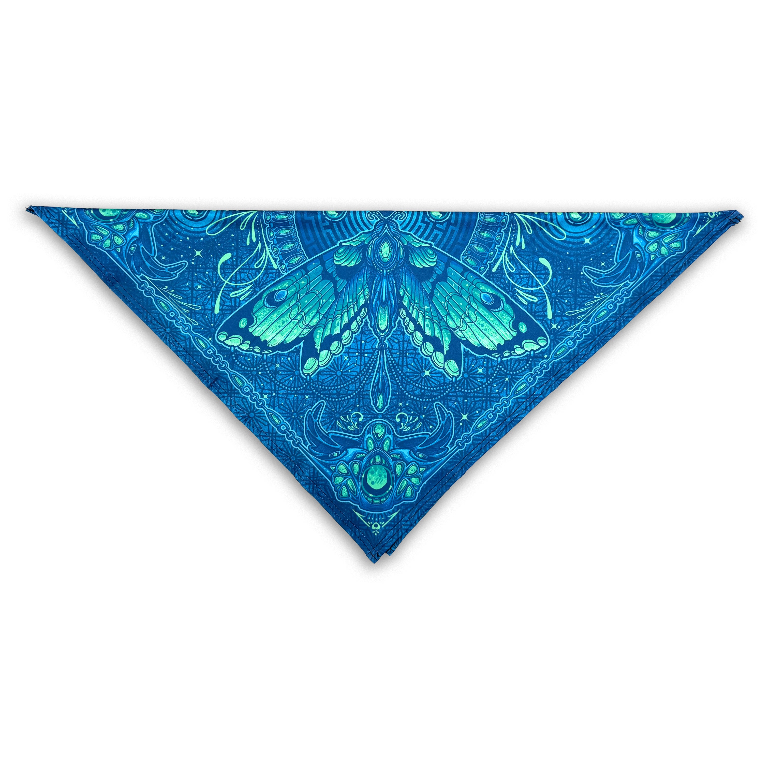 Luna Moth UV glow bandana by First Earth – lightweight rave accessory featuring glowing moth artwork, breathable and dust-ready for late-night flow 