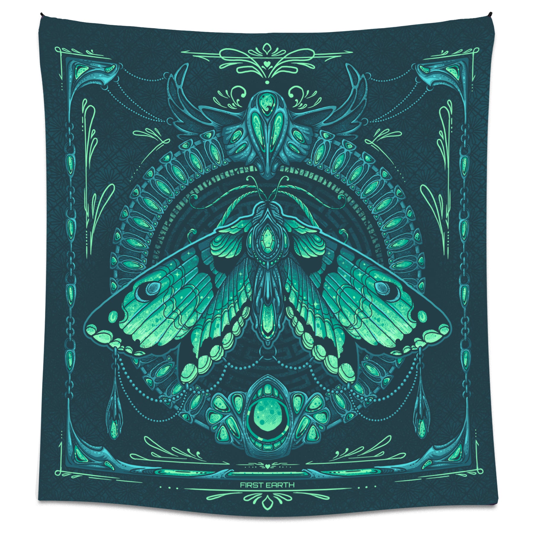 Luna Moth tapestry by First Earth – vibrant rave wall art with glowing moth design on premium polyester, 36″×72″, with corner loops for easy hanging at camps or stages 