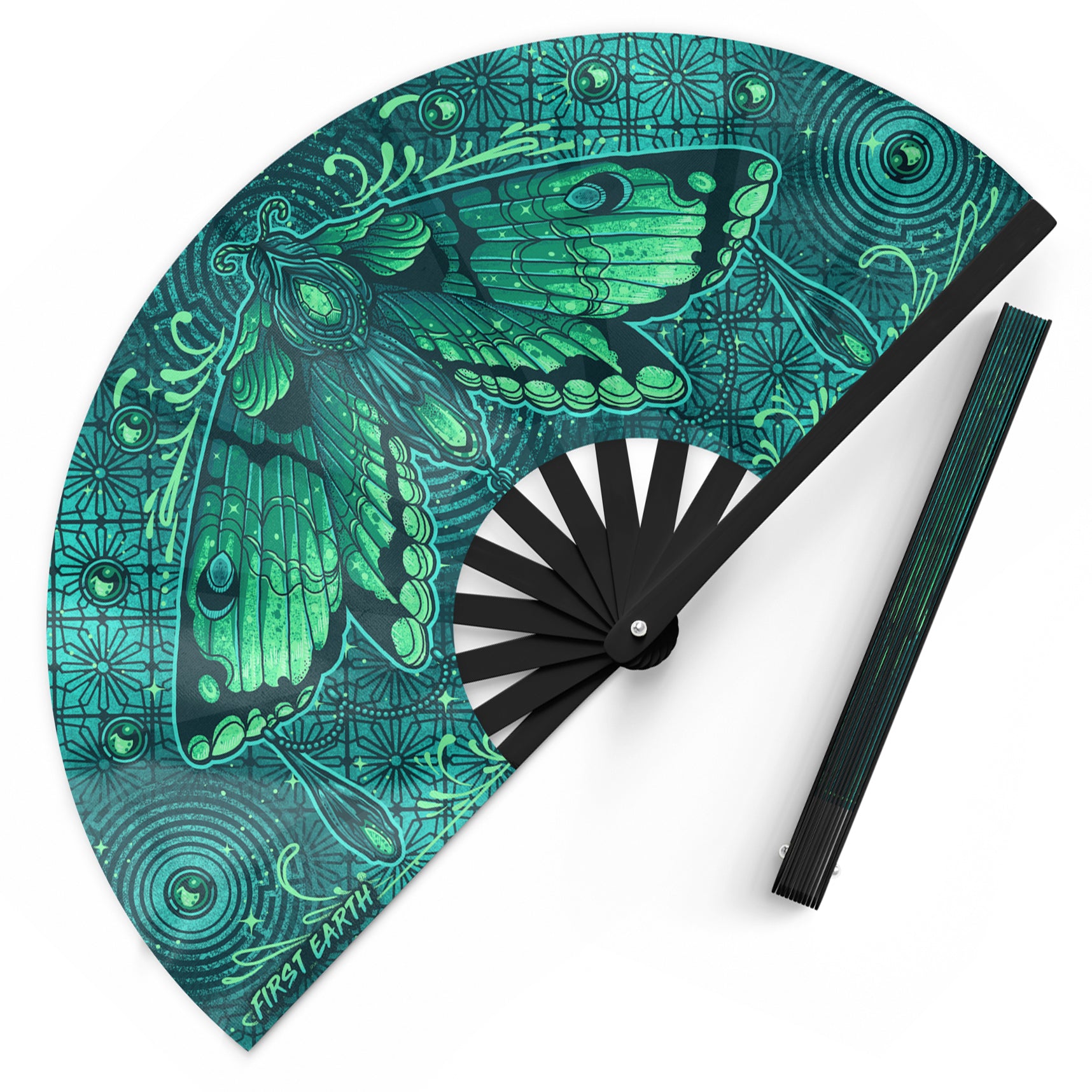 Luna Moth UV glow hand fan by First Earth – collapsible rave accessory with glowing moth design, bamboo ribs, and vibrant polyester fabric for late-night flow
