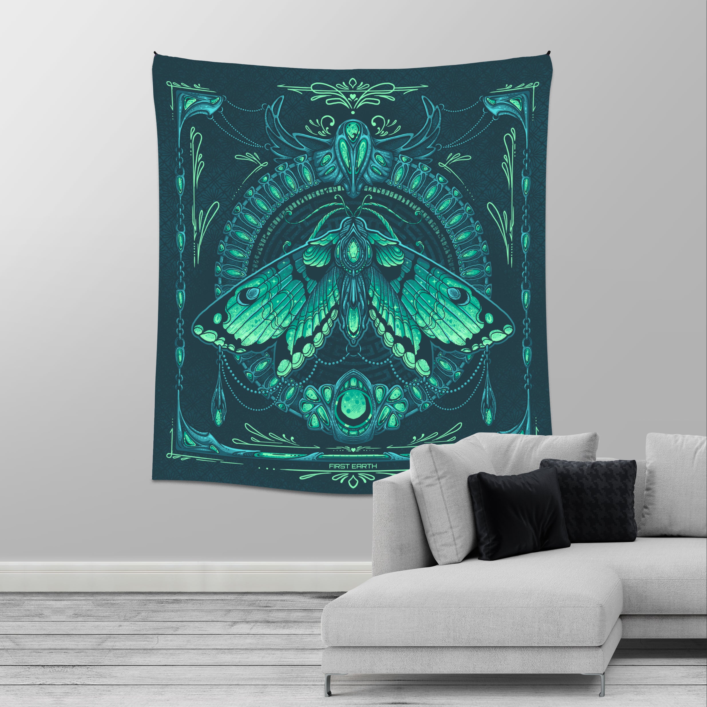 Luna Moth tapestry by First Earth – vibrant rave wall art with glowing moth design on premium polyester, 36″×72″, with corner loops for easy hanging at camps or stages 